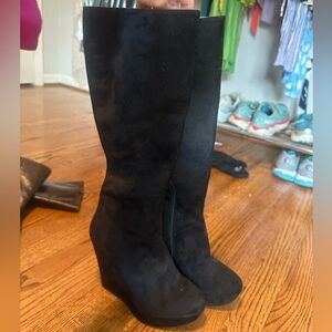 Dee Keller Black Suede Knee High Wedge Boots
